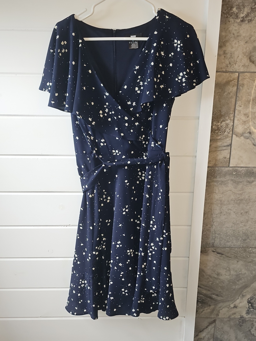 DKNY Navy Midi Wrap Dress with White Speckle Print Accents